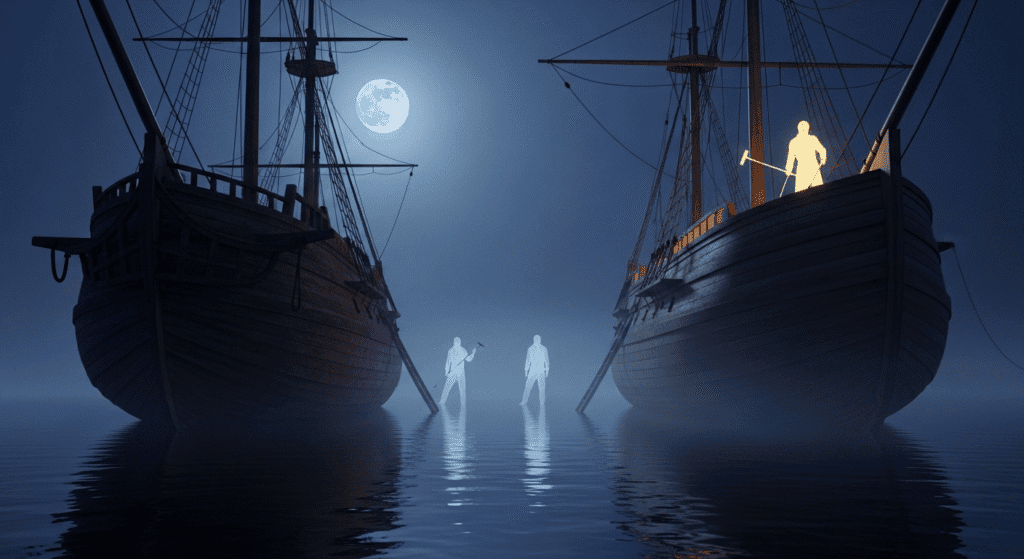 Two identical Greek ships, one old and one new, side-by-side in a misty harbor, visually representing the central question of the Ship of Theseus paradox.