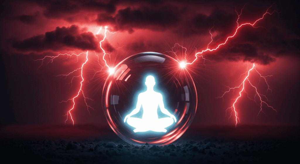 Illustration of a calm human figure sitting safely inside a transparent protective sphere, observing a chaotic storm of red lightning outside. This symbolizes the True Self using awareness to detach from the pain manufactured by the Mind System.