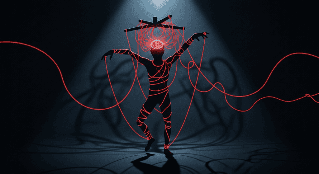 Conceptual illustration showing how the brain manufactures pain through the Mind System's resistance algorithms.